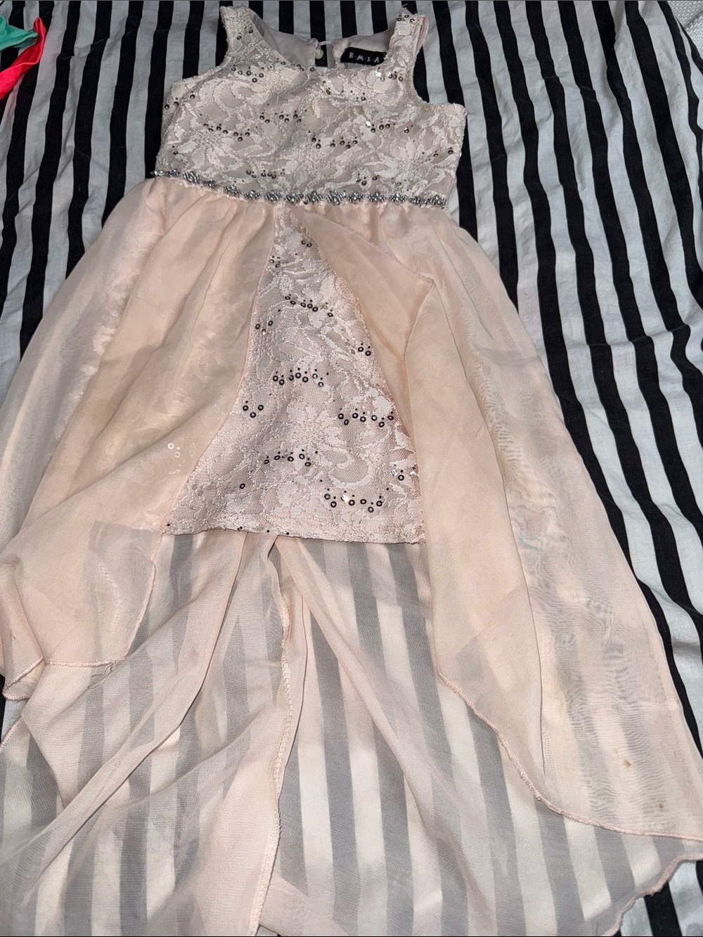 R A L A Girls' Pale Blush Sequined Lace High-Low Party Dress